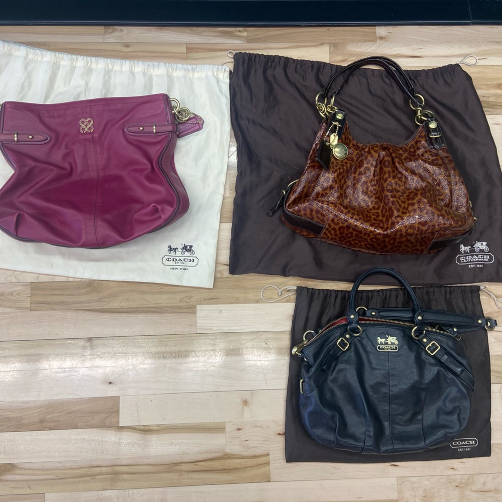Coach Shoulder Bags in Magenta, Leopard Print, and Black
